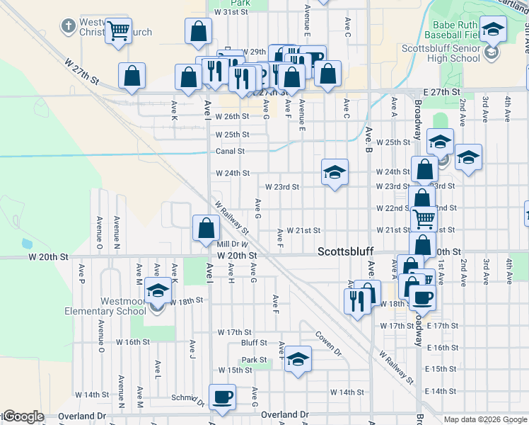 map of restaurants, bars, coffee shops, grocery stores, and more near 2116 Avenue G in Scottsbluff