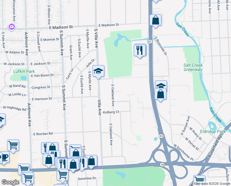 map of restaurants, bars, coffee shops, grocery stores, and more near 520 East Lane Drive in Villa Park