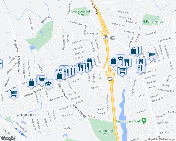 map of restaurants, bars, coffee shops, grocery stores, and more near 1265 Mineral Spring Avenue in North Providence