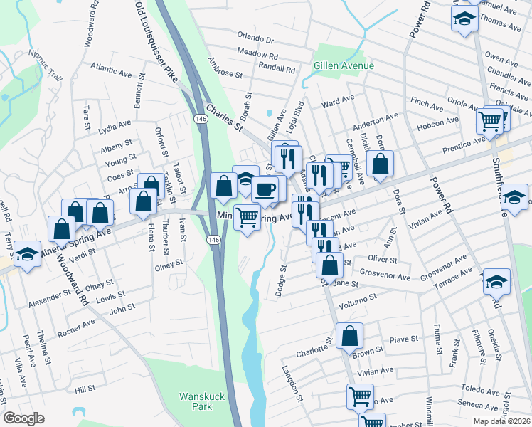 map of restaurants, bars, coffee shops, grocery stores, and more near 1100 Mineral Spring Avenue in North Providence