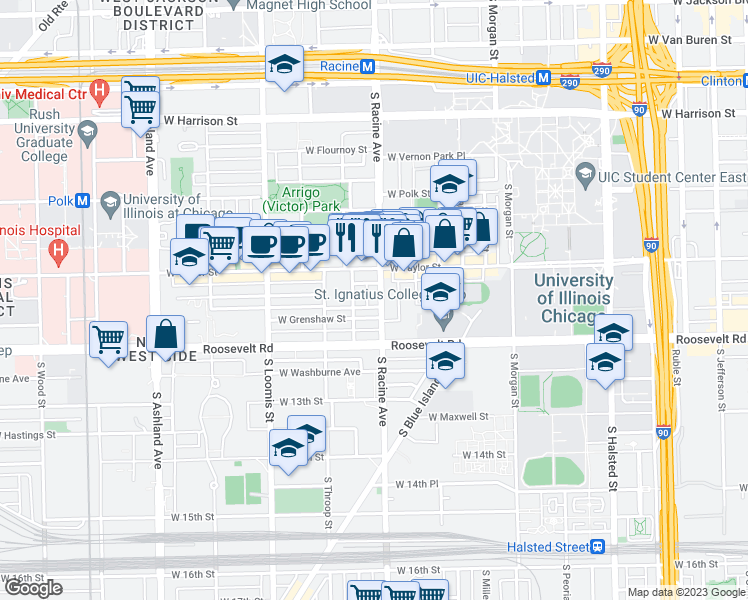 map of restaurants, bars, coffee shops, grocery stores, and more near 1034 South Racine Avenue in Chicago