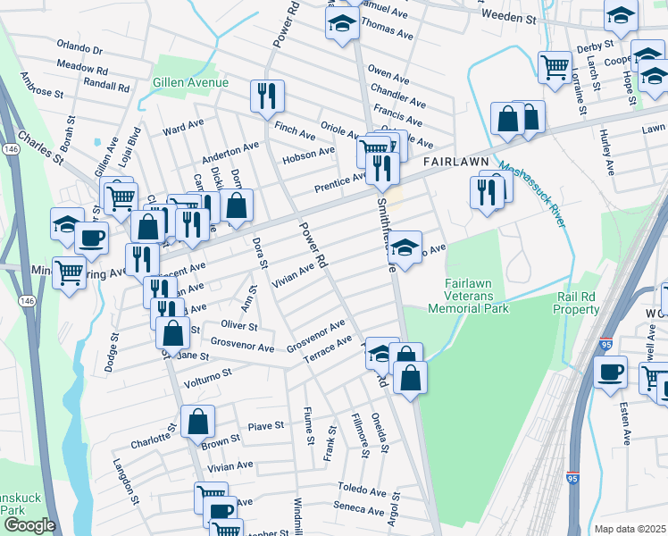 map of restaurants, bars, coffee shops, grocery stores, and more near 6 Norman Avenue in Pawtucket