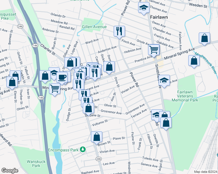 map of restaurants, bars, coffee shops, grocery stores, and more near 60 Urban Avenue in North Providence