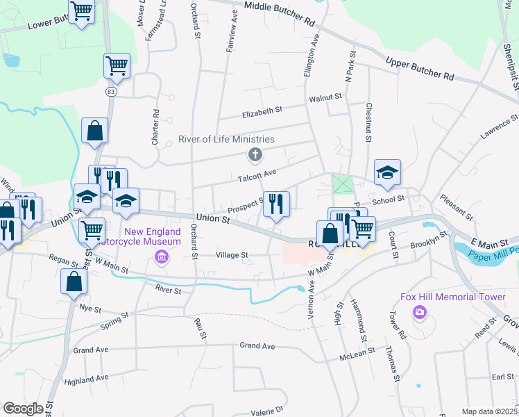 map of restaurants, bars, coffee shops, grocery stores, and more near 5 Oak Street in Vernon