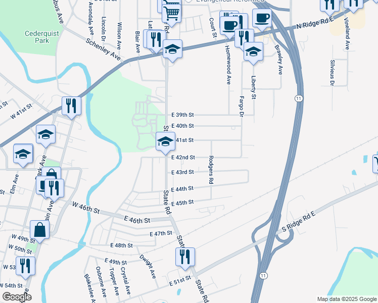 map of restaurants, bars, coffee shops, grocery stores, and more near 1949 East 42nd Street in Ashtabula