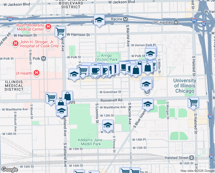 map of restaurants, bars, coffee shops, grocery stores, and more near 1318 West Grenshaw Street in Chicago