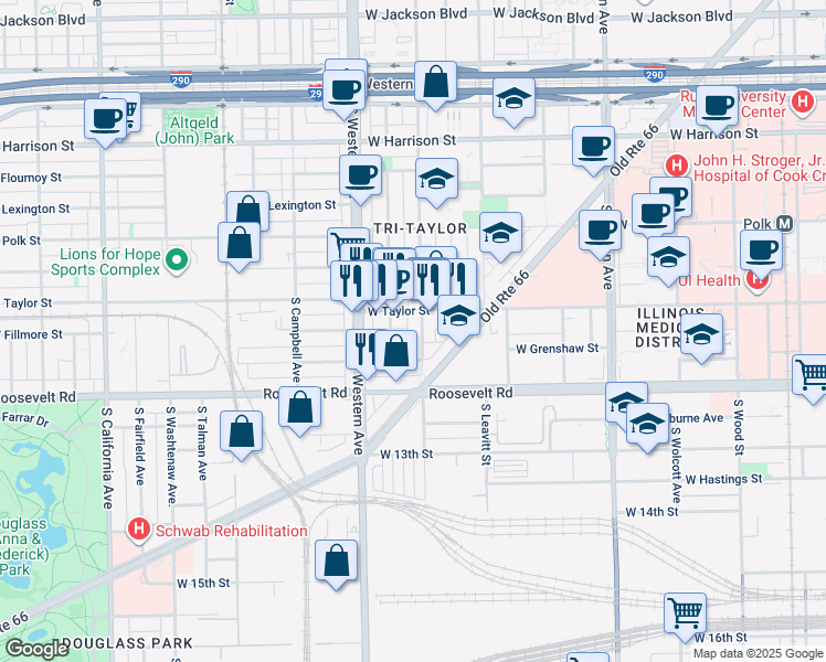 map of restaurants, bars, coffee shops, grocery stores, and more near 1032 South Oakley Boulevard in Chicago