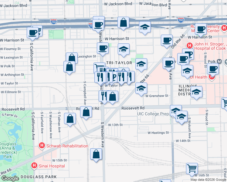 map of restaurants, bars, coffee shops, grocery stores, and more near 1032 South Oakley Boulevard in Chicago