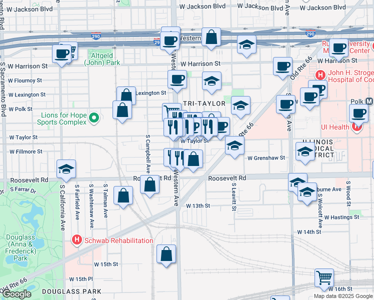 map of restaurants, bars, coffee shops, grocery stores, and more near 1115 South Western Avenue in Chicago