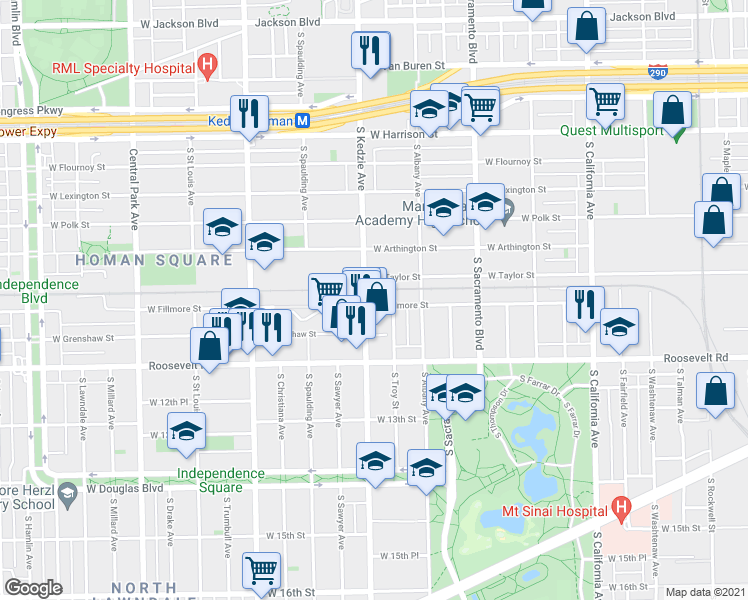map of restaurants, bars, coffee shops, grocery stores, and more near 1104 South Troy Street in Chicago