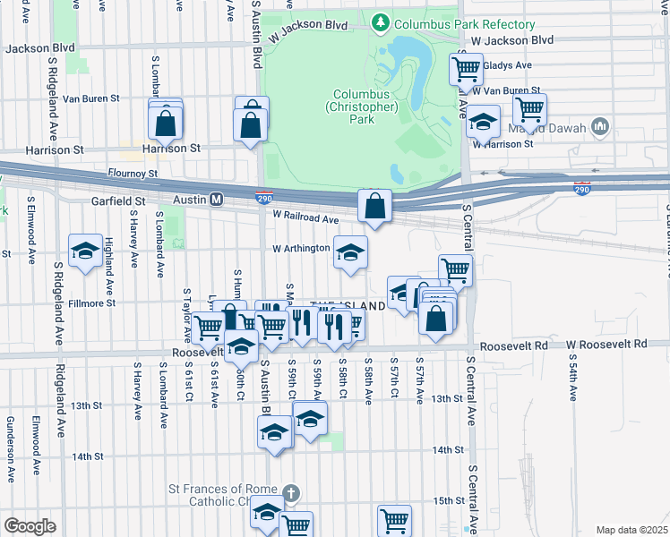 map of restaurants, bars, coffee shops, grocery stores, and more near 1040 South Monitor Avenue in Chicago
