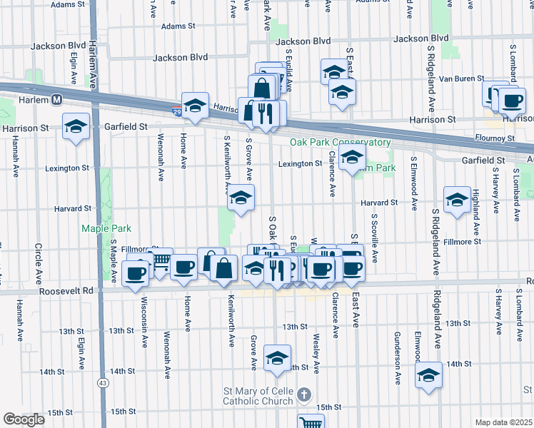 map of restaurants, bars, coffee shops, grocery stores, and more near 1122 South Oak Park Avenue in Oak Park