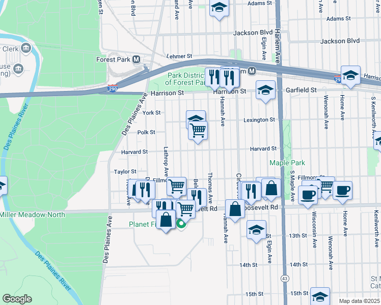 map of restaurants, bars, coffee shops, grocery stores, and more near 1014 Beloit Avenue in Forest Park