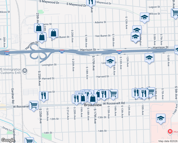map of restaurants, bars, coffee shops, grocery stores, and more near 1934 South 17th Avenue in Maywood