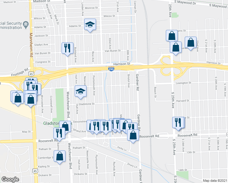 map of restaurants, bars, coffee shops, grocery stores, and more near 765 Norfolk Avenue in Westchester
