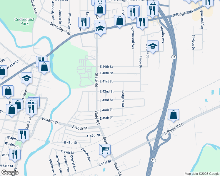 map of restaurants, bars, coffee shops, grocery stores, and more near 1949 East 42nd Street in Ashtabula