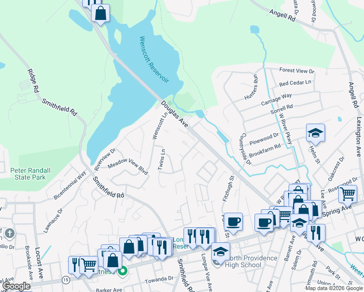 map of restaurants, bars, coffee shops, grocery stores, and more near 1650 Douglas Avenue in North Providence