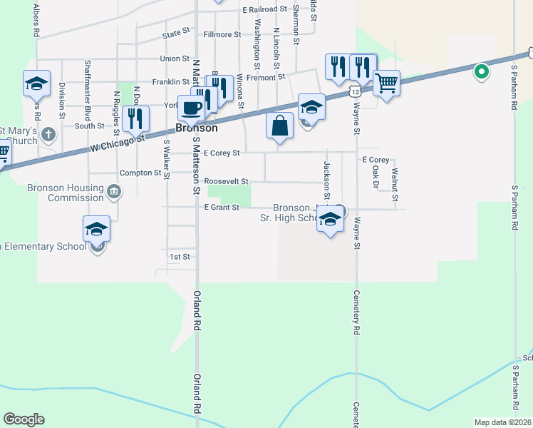 map of restaurants, bars, coffee shops, grocery stores, and more near 264 East Grant Street in Bronson
