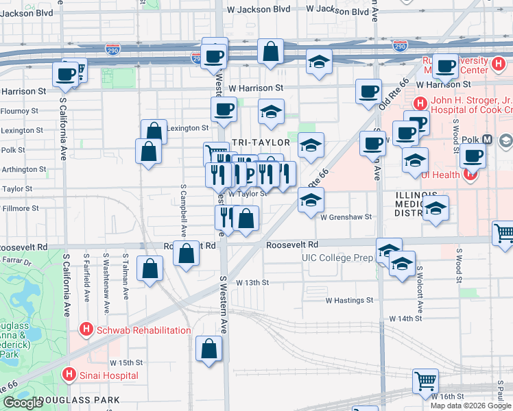map of restaurants, bars, coffee shops, grocery stores, and more near 1032 South Oakley Boulevard in Chicago