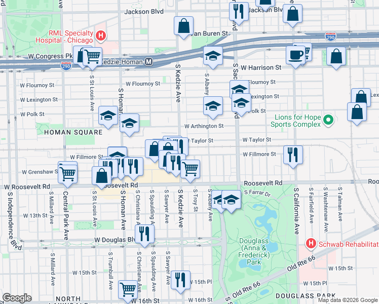 map of restaurants, bars, coffee shops, grocery stores, and more near 3140 West Fillmore Street in Chicago