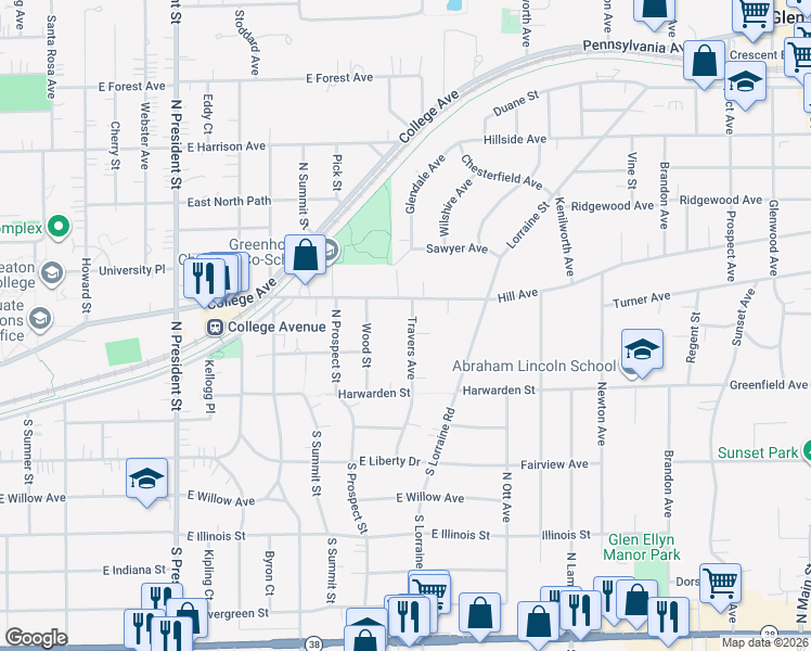 map of restaurants, bars, coffee shops, grocery stores, and more near 254 Traver Avenue in Glen Ellyn