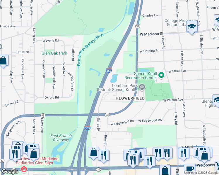 map of restaurants, bars, coffee shops, grocery stores, and more near 1000 Parkview Boulevard in Lombard