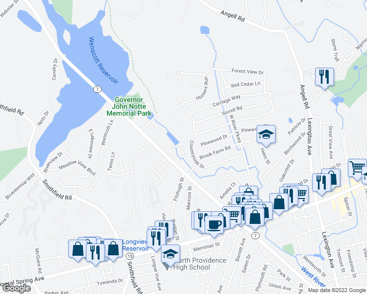 map of restaurants, bars, coffee shops, grocery stores, and more near 41 Douglas Terrace in North Providence