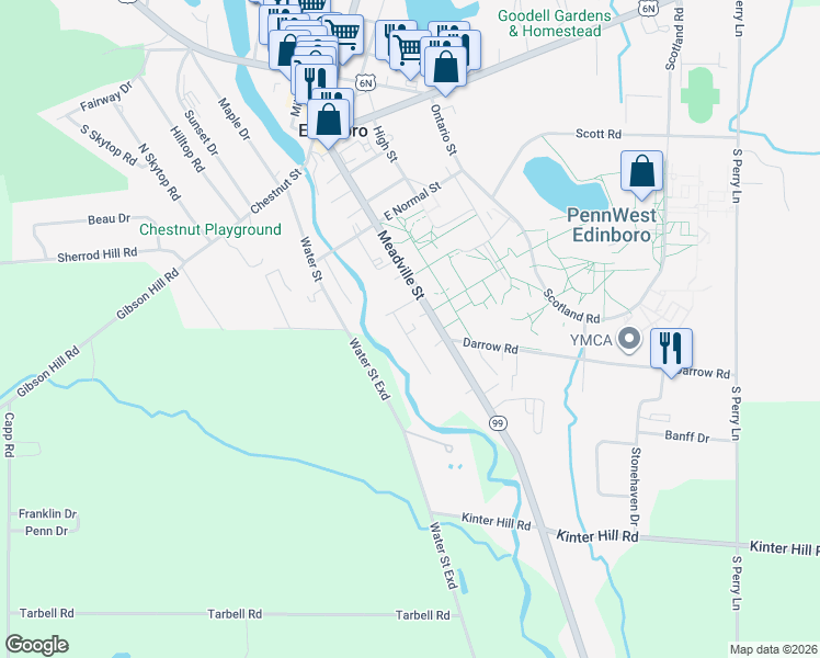 map of restaurants, bars, coffee shops, grocery stores, and more near 109-111 Terrace Drive in Edinboro