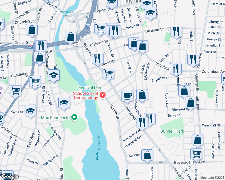 map of restaurants, bars, coffee shops, grocery stores, and more near 265 Prospect Street in Pawtucket