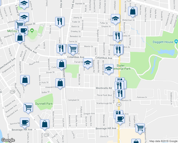 map of restaurants, bars, coffee shops, grocery stores, and more near 62 Lincoln Avenue in Pawtucket