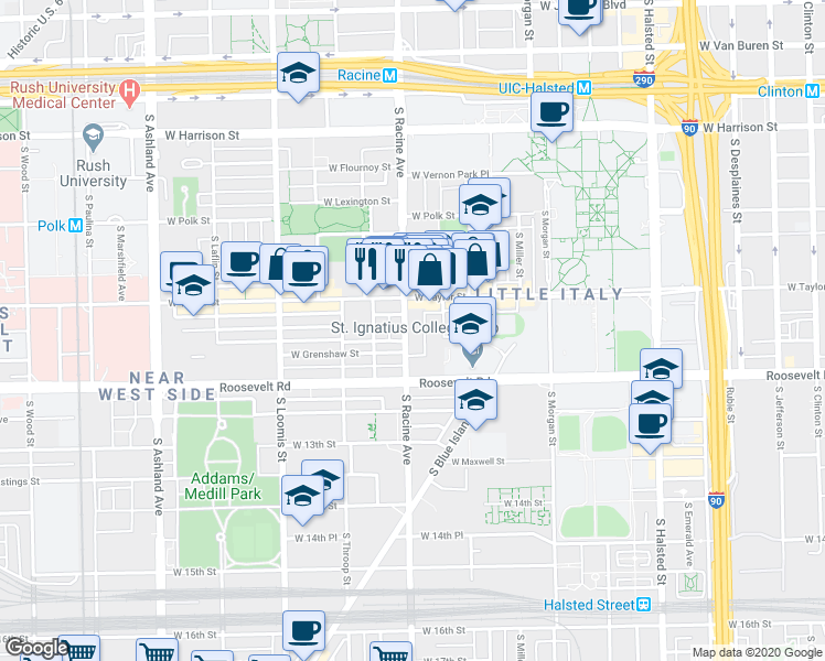 map of restaurants, bars, coffee shops, grocery stores, and more near 1031 South Racine Avenue in Chicago