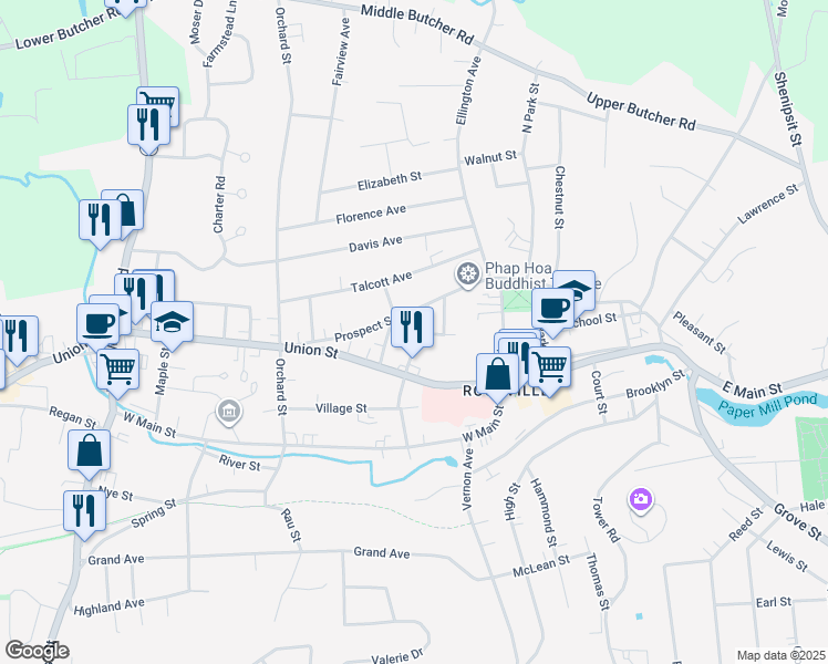map of restaurants, bars, coffee shops, grocery stores, and more near 51 Ward Street in Vernon