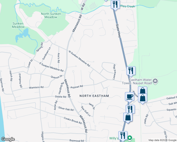 map of restaurants, bars, coffee shops, grocery stores, and more near 110 Wamsutta Road in Eastham