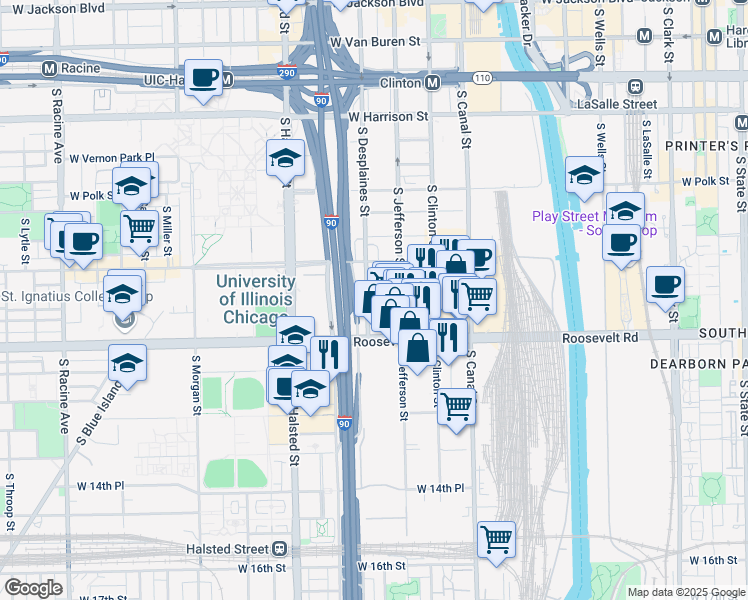 map of restaurants, bars, coffee shops, grocery stores, and more near 1101 South Desplaines Street in Chicago