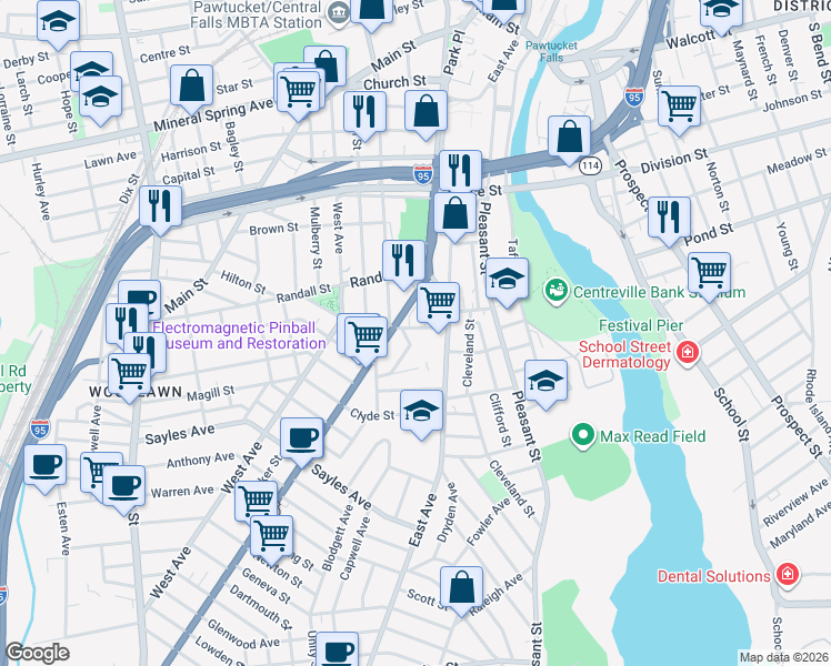 map of restaurants, bars, coffee shops, grocery stores, and more near in Pawtucket