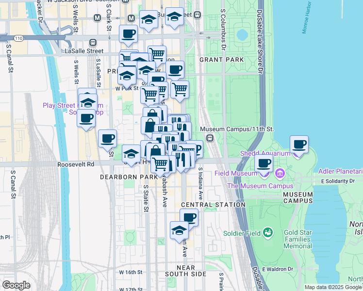 map of restaurants, bars, coffee shops, grocery stores, and more near 1130 South Michigan Avenue in Chicago
