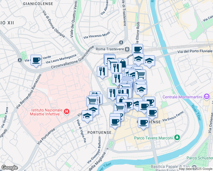 map of restaurants, bars, coffee shops, grocery stores, and more near 28 Via Pietro Teofilato in Rome