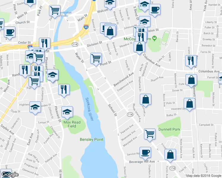 map of restaurants, bars, coffee shops, grocery stores, and more near 283 Prospect Street in Pawtucket