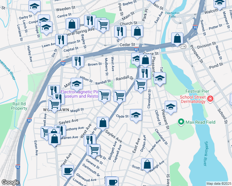 map of restaurants, bars, coffee shops, grocery stores, and more near 29 Sterry Street in Pawtucket
