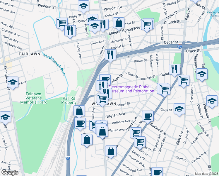 map of restaurants, bars, coffee shops, grocery stores, and more near 232 Sterry Street in Pawtucket