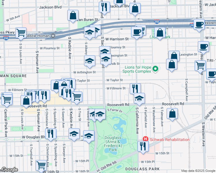 map of restaurants, bars, coffee shops, grocery stores, and more near 1109 South Sacramento Boulevard in Chicago