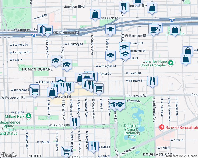 map of restaurants, bars, coffee shops, grocery stores, and more near 1104 South Troy Street in Chicago