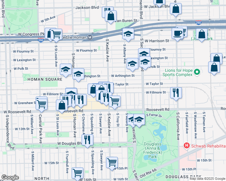 map of restaurants, bars, coffee shops, grocery stores, and more near 1104 South Troy Street in Chicago