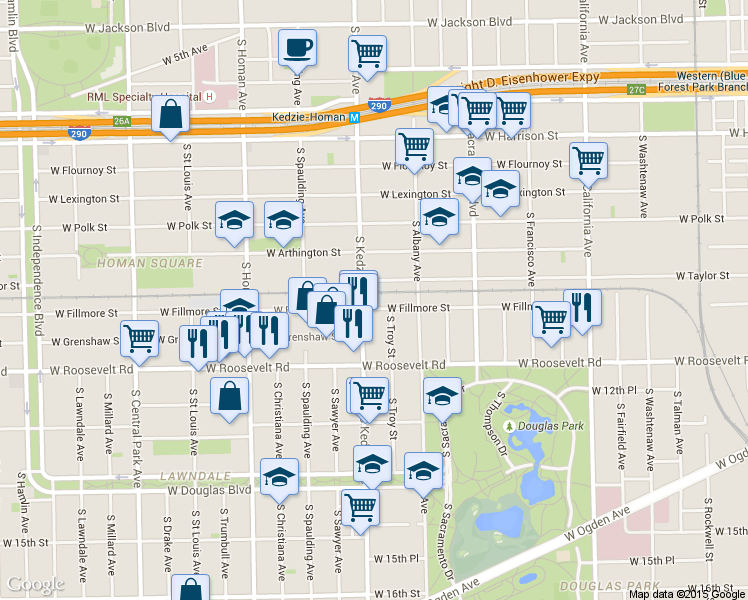 map of restaurants, bars, coffee shops, grocery stores, and more near 1104 South Troy Street in Chicago