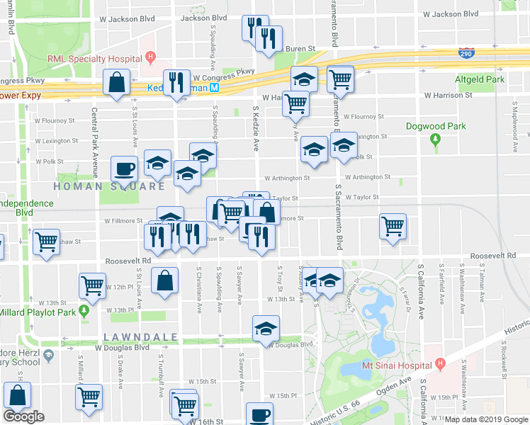 map of restaurants, bars, coffee shops, grocery stores, and more near 1104 South Troy Street in Chicago