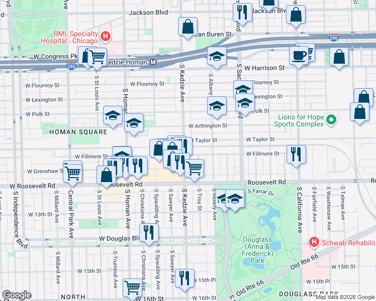 map of restaurants, bars, coffee shops, grocery stores, and more near 1104 South Troy Street in Chicago