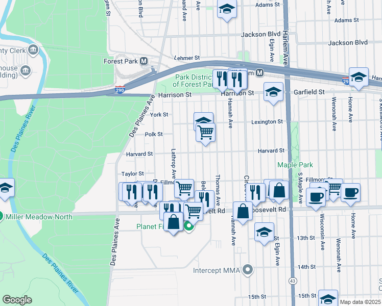 map of restaurants, bars, coffee shops, grocery stores, and more near 1011 Ferdinand Avenue in Forest Park
