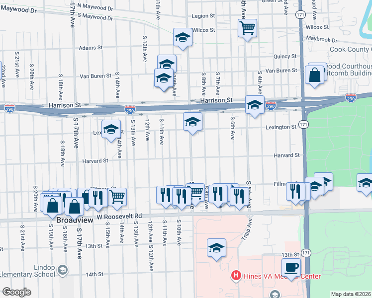 map of restaurants, bars, coffee shops, grocery stores, and more near 1959 South 10th Avenue in Maywood