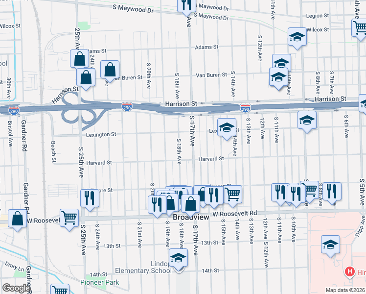 map of restaurants, bars, coffee shops, grocery stores, and more near 1934 South 17th Avenue in Maywood