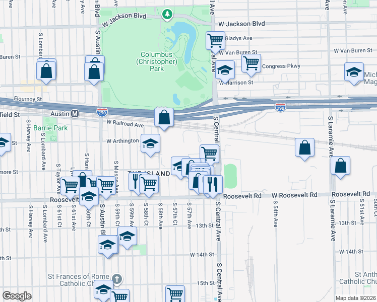 map of restaurants, bars, coffee shops, grocery stores, and more near 5659 West Taylor Street in Chicago